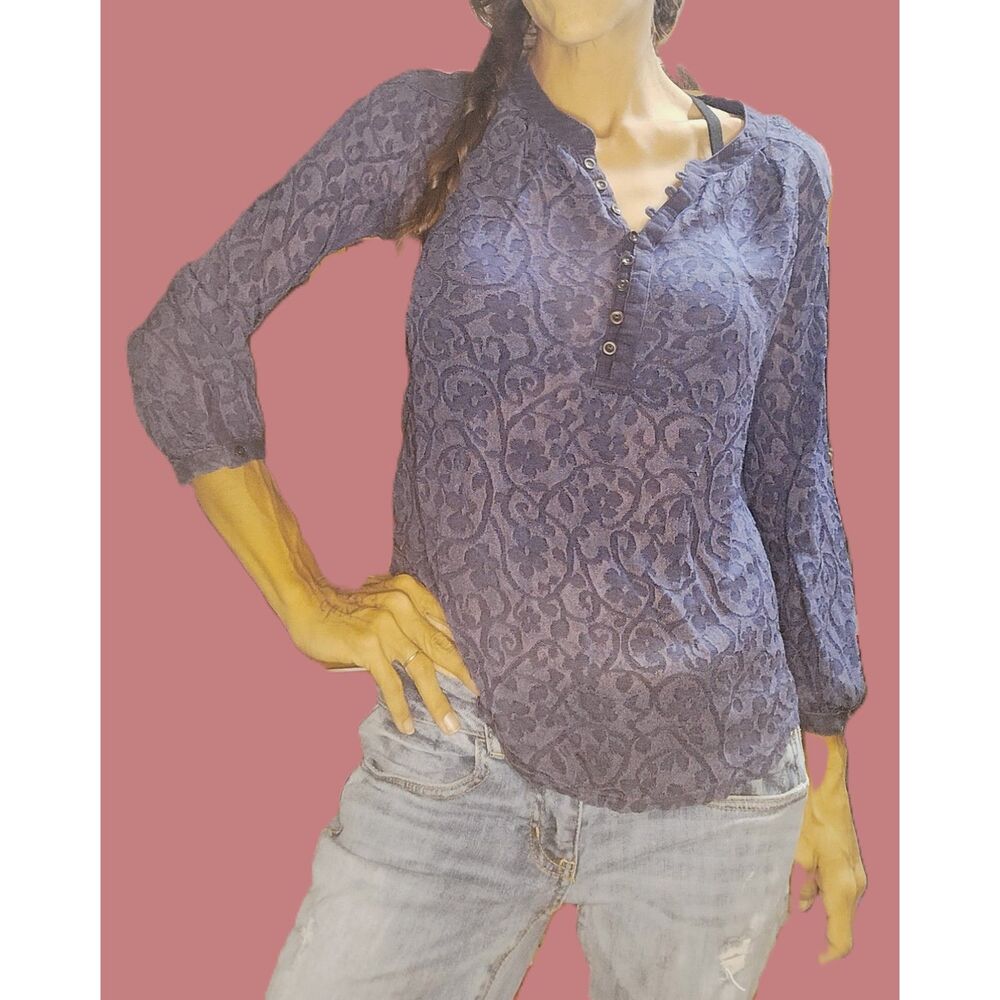 Lucky Brand ~ Blue Boho Lace Knit Button-Up Hi-Lo Top ~ Small
